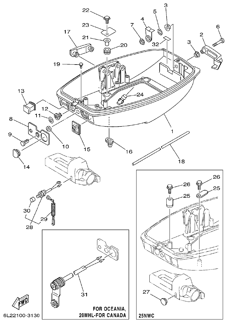 Yamaha 20D, 25N BOTTOM COWLING parts diagram