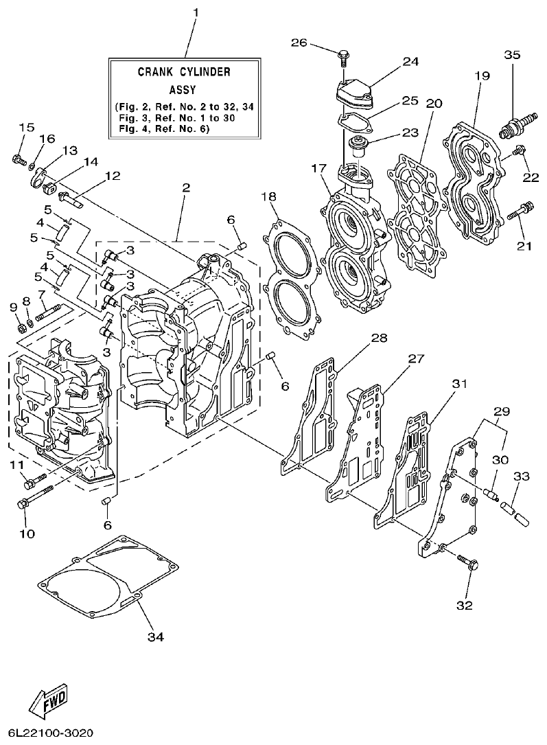 Yamaha 20D, 25N CYLINDER. CRANKCASE parts diagram