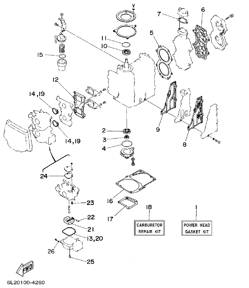 Yamaha 20D, 25N REPAIR KIT 1 parts diagram