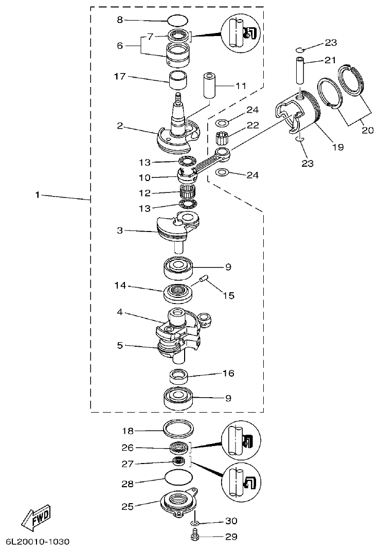 Yamaha 20D, 25N CRANKSHAFT. PISTON parts diagram