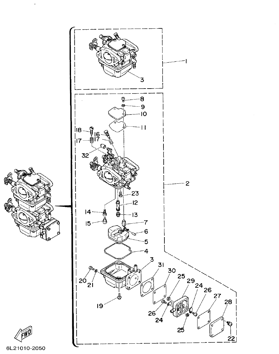 Yamaha 20D, 25N CARBURETOR parts diagram