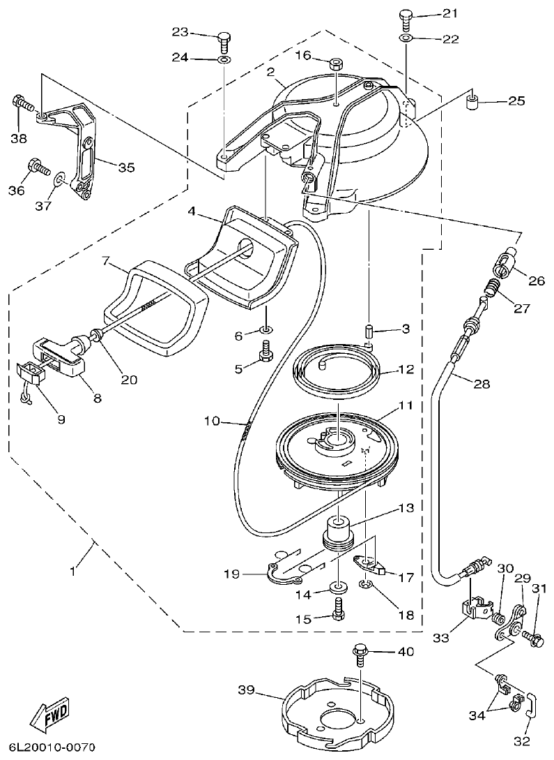 Yamaha 20D, 25N STARTER parts diagram