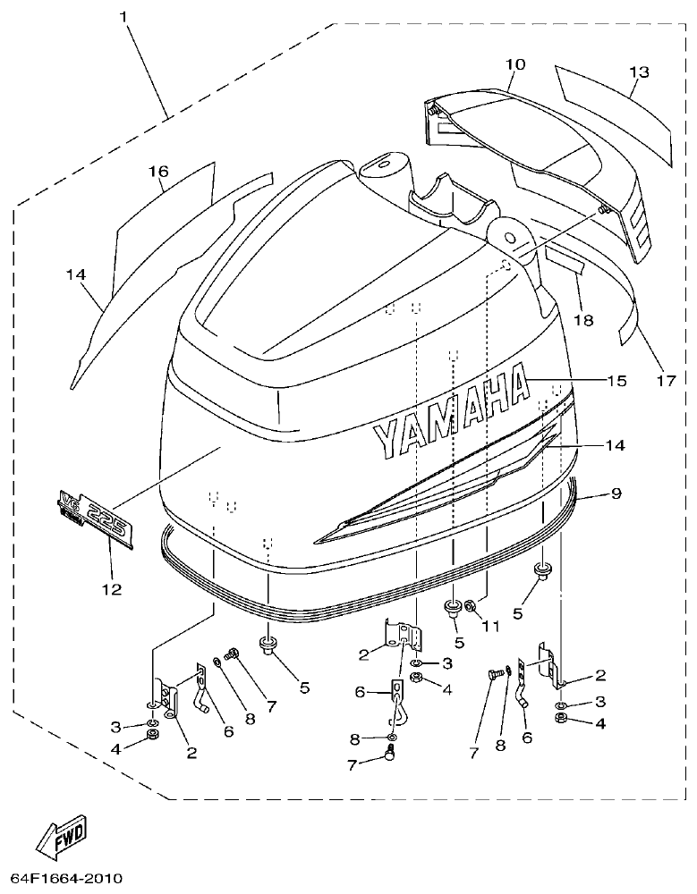 Yamaha 225DETO TOP COWLING parts diagram