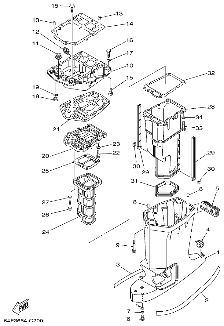 Yamaha 225DETO UPPER CASING parts diagram