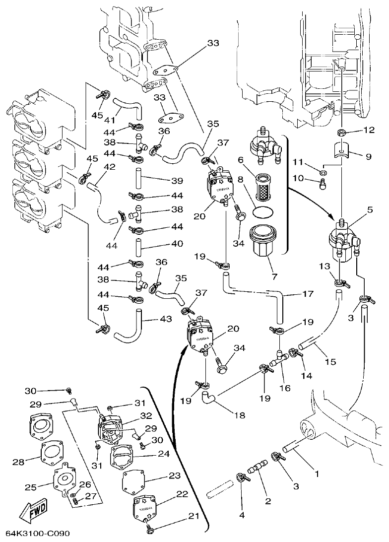 Yamaha 225DETO FUEL parts diagram