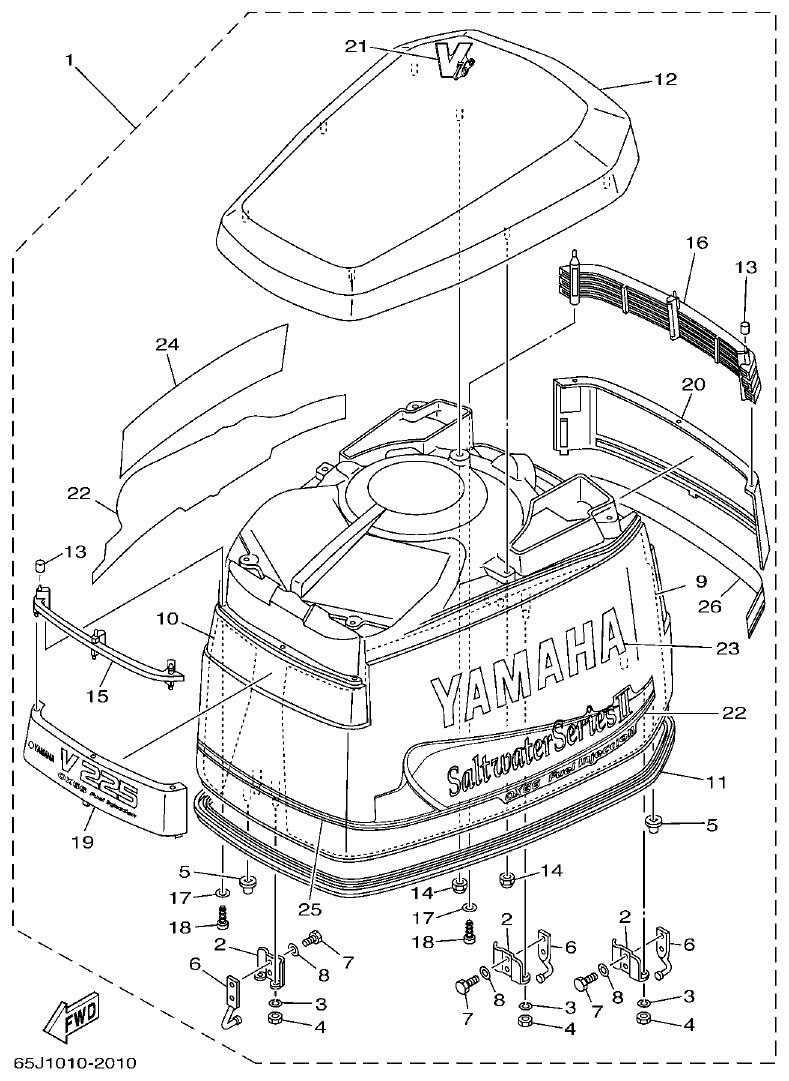 Yamaha 225F, 250B, L225F, L250B, L225FETO, L250BETO TOP COWLING parts diagram