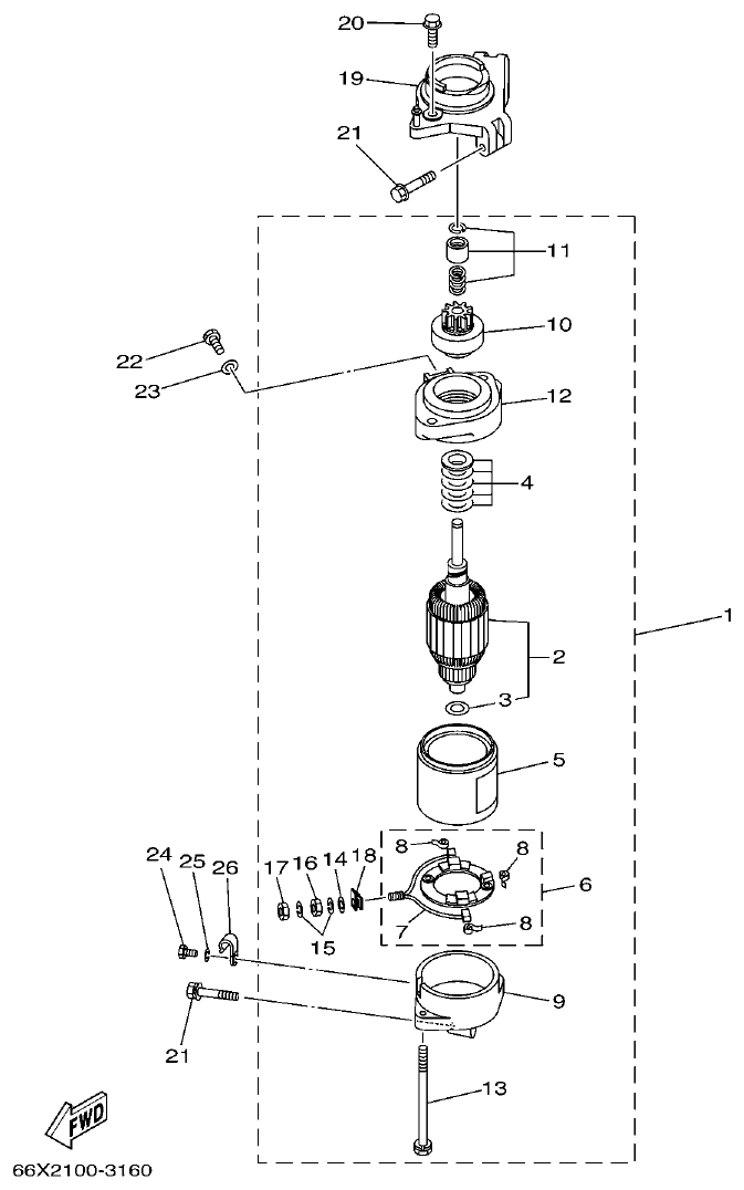 Yamaha 225F, 250B, L225F, L250B, L225FETO, L250BETO STARTING MOTOR parts diagram