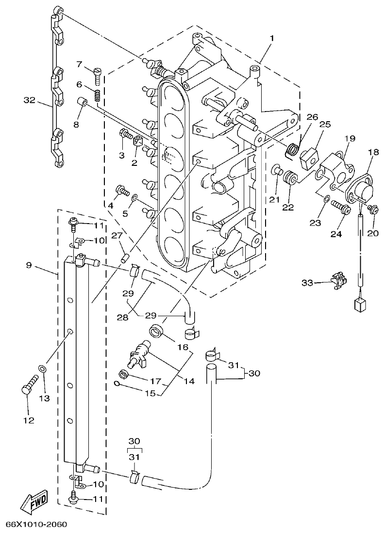 Yamaha 225F, 250B, L225F, L250B, L225FETO, L250BETO FUEL INJECTION NOZZLE parts diagram