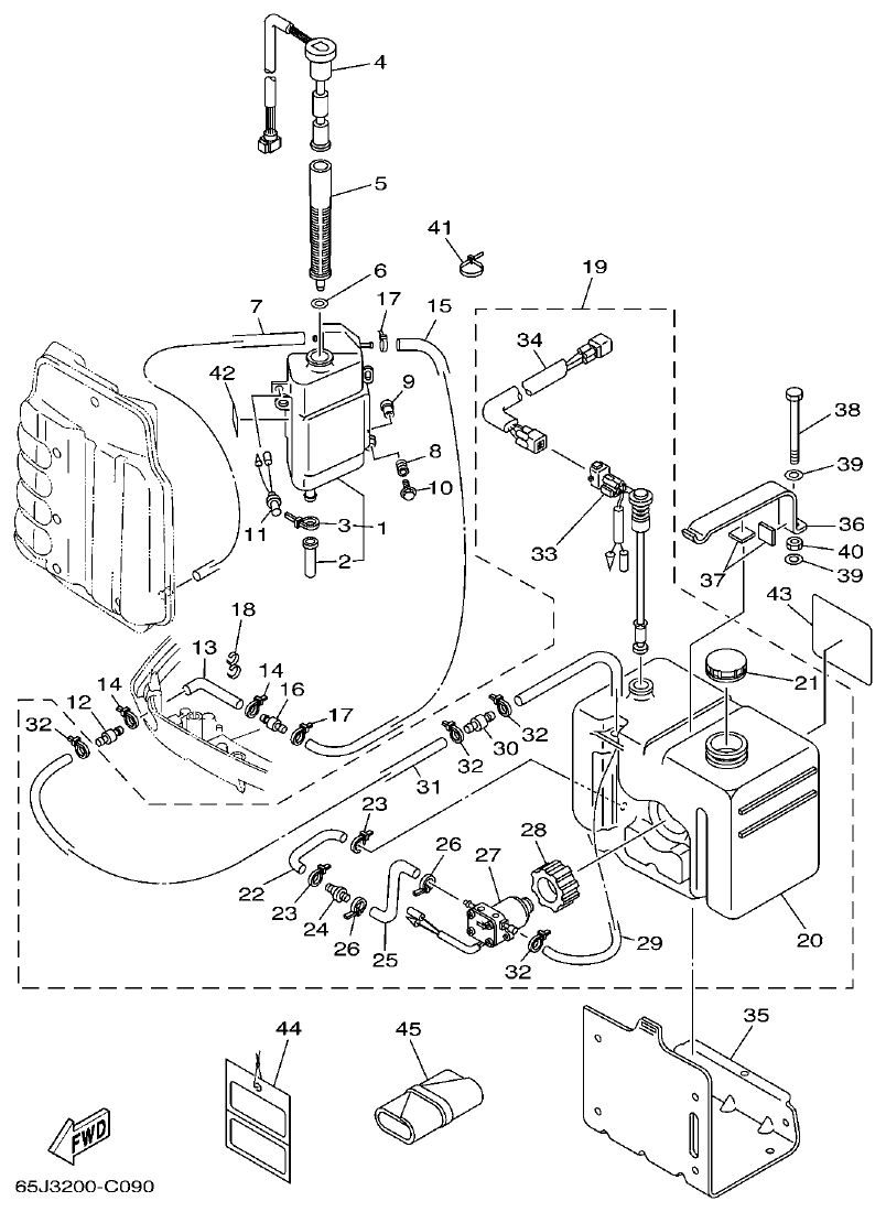 Yamaha 225F, 250B, L225F, L250B, L225FETO, L250BETO OIL TANK parts diagram