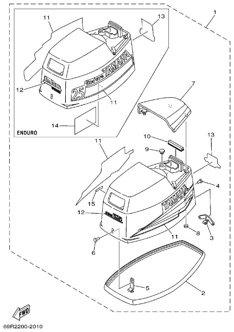 Yamaha E25B, E30H, 25B, 30H TOP COWLING parts diagram