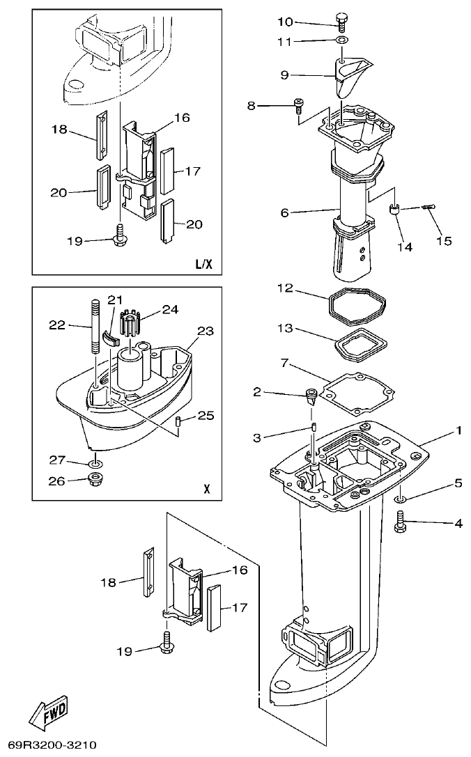 Yamaha E25B, E30H, 25B, 30H UPPER CASING parts diagram