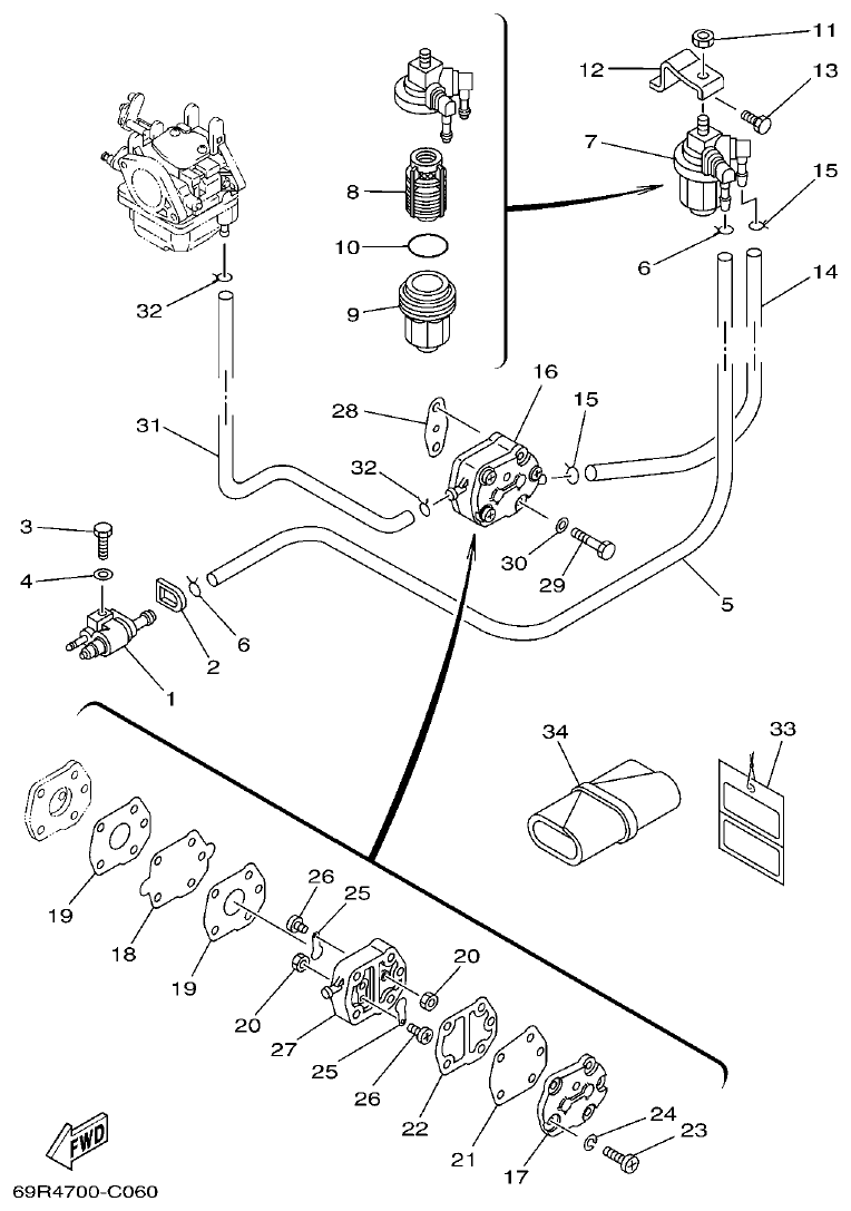 Yamaha E25B, E30H, 25B, 30H FUEL parts diagram