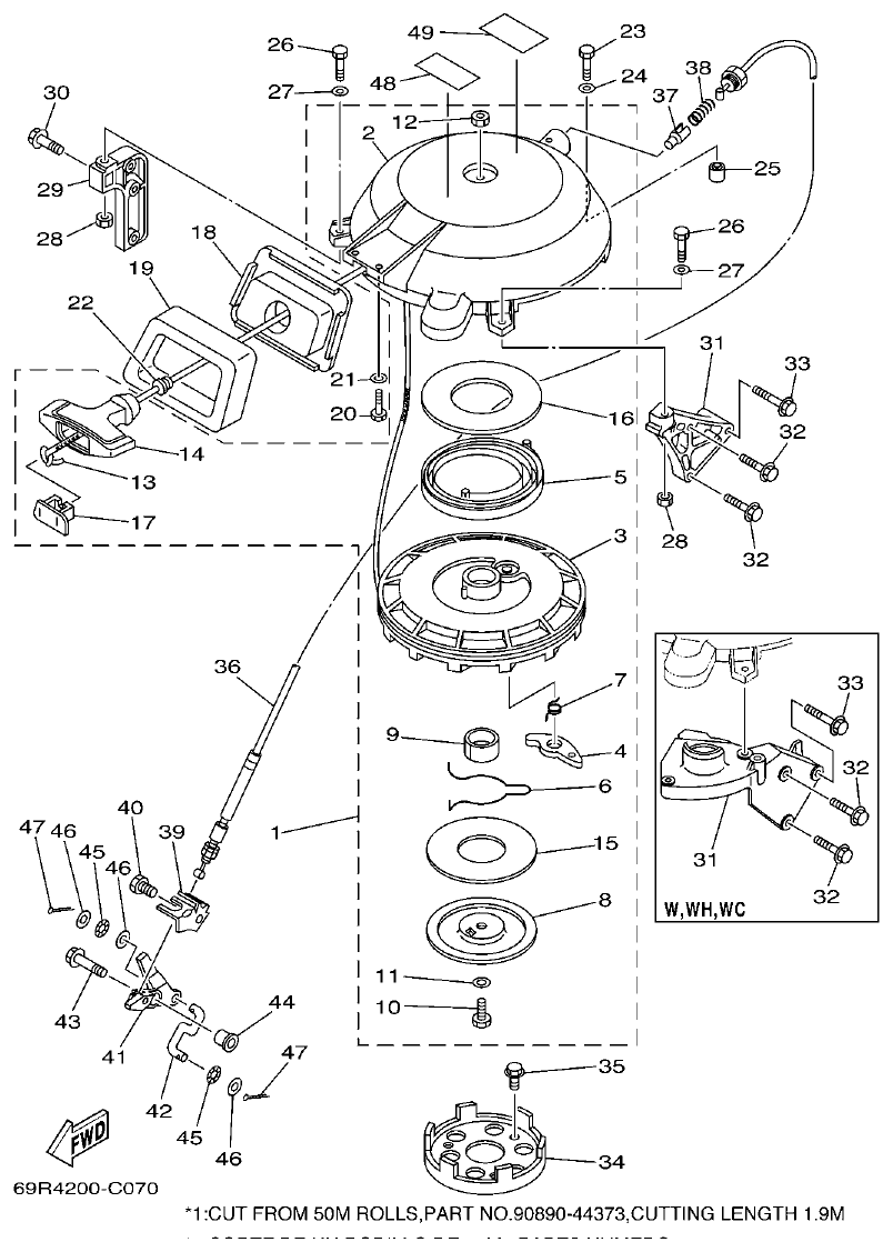 Yamaha E25B, E30H, 25B, 30H STARTER parts diagram