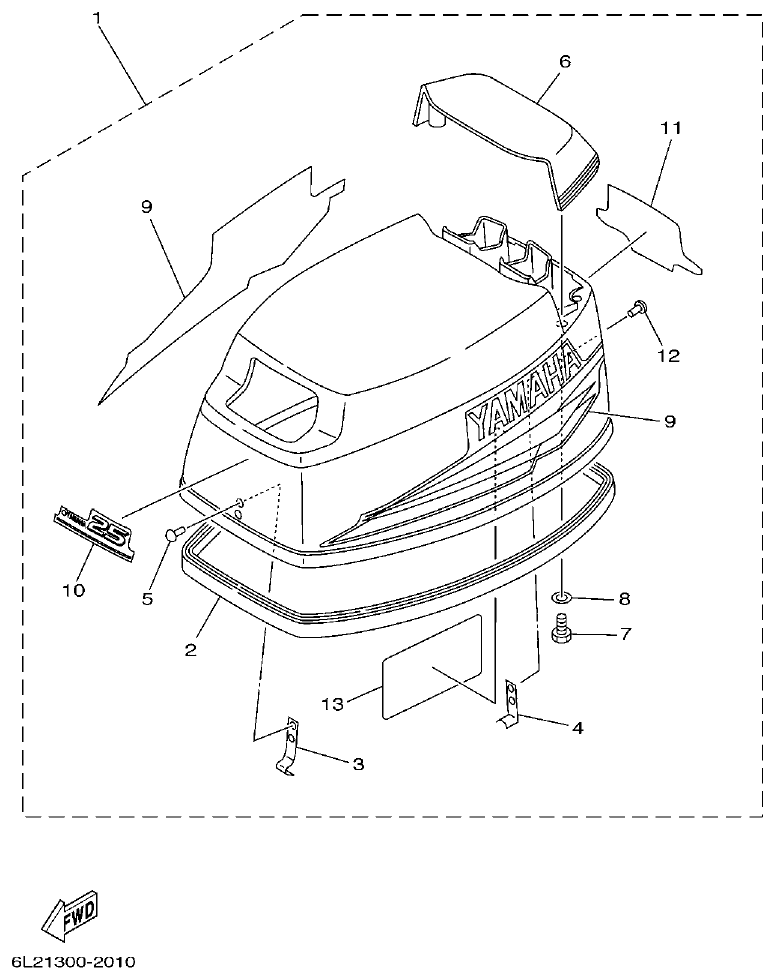 Yamaha 20D, 25N TOP COWLING parts diagram