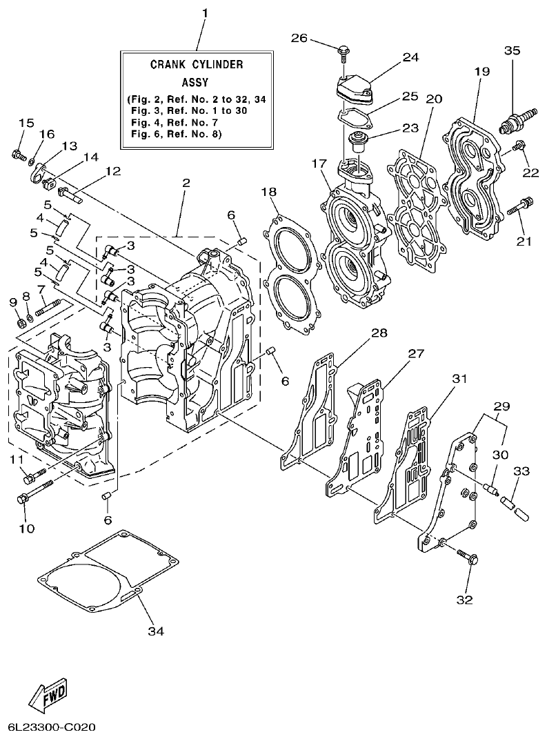 Yamaha 20D, 25N CYLINDER & CRANKCASE parts diagram