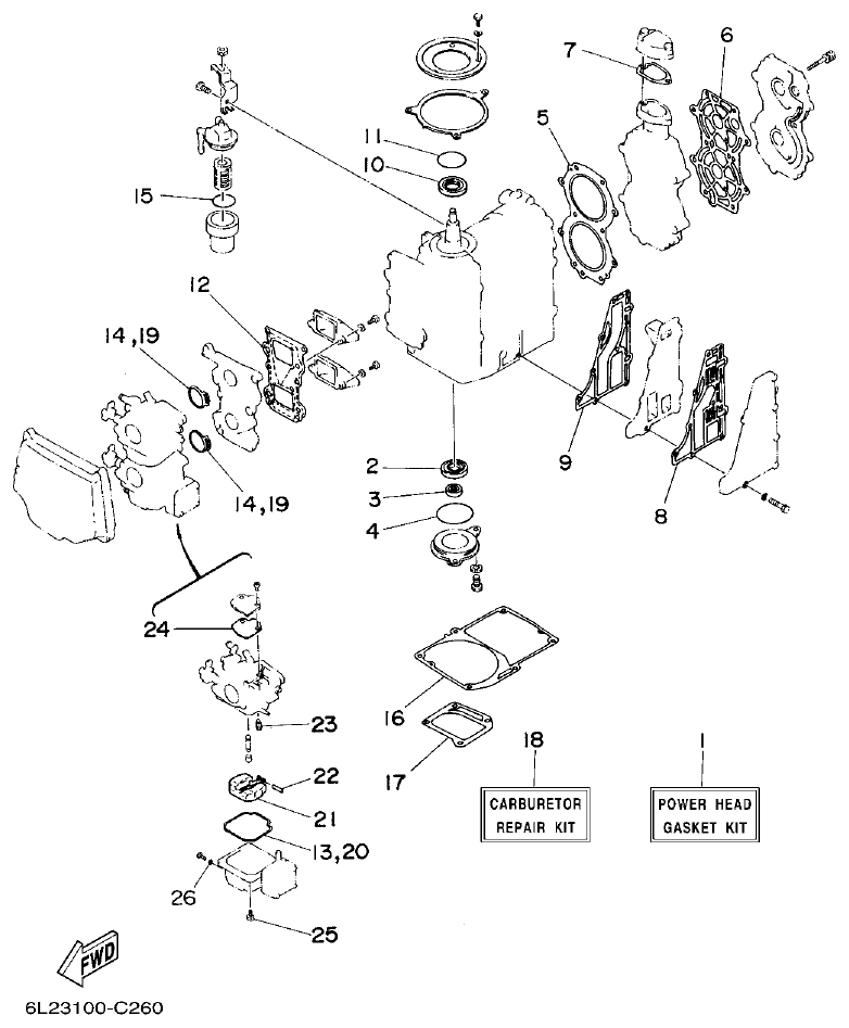 Yamaha 20D, 25N REPAIR KIT 1 parts diagram