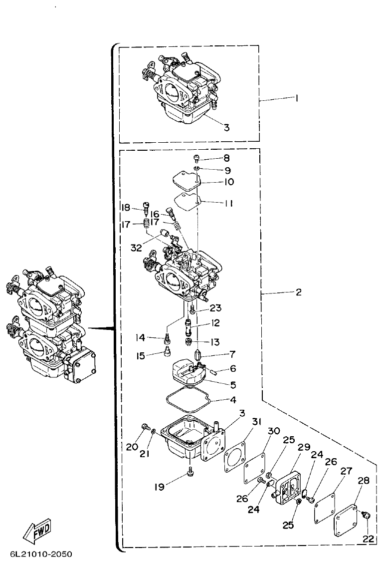 Yamaha 20D, 25N CARBURETOR parts diagram
