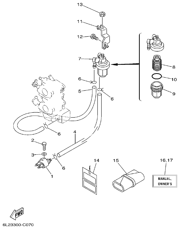 Yamaha 20D, 25N FUEL parts diagram