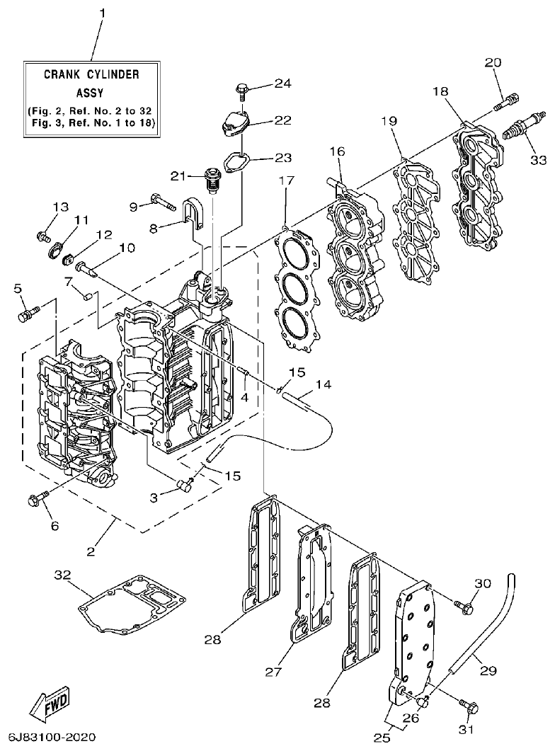 Yamaha 30DMH CYLINDER. CRANKCASE parts diagram