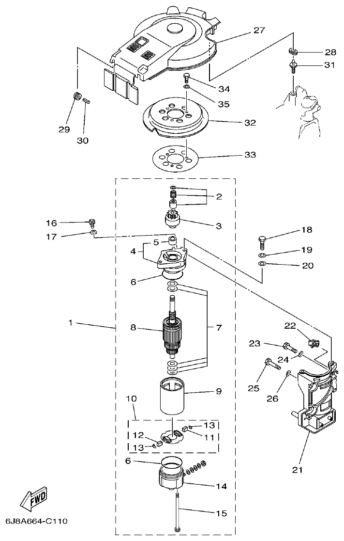 Yamaha 30DE, 30DMH STARTING MOTOR parts diagram