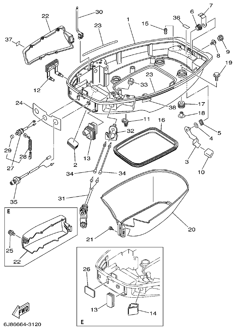 Yamaha 30DE, 30DMH BOTTOM COWLING parts diagram