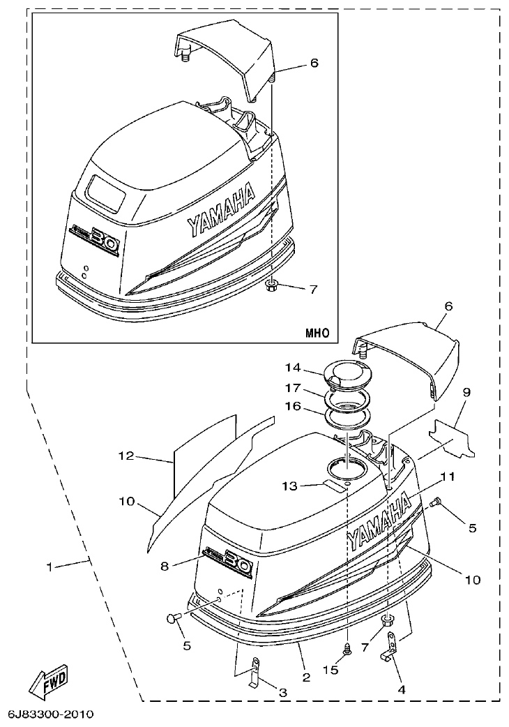 Yamaha 30DEO, 30DMHO, 30DETO TOP COWLING parts diagram