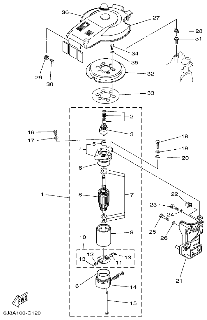 Yamaha 30DEO, 30DMHO, 30DETO STARTING MOTOR parts diagram