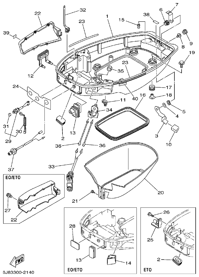 Yamaha 30DEO, 30DMHO, 30DETO BOTTOM COWLING parts diagram
