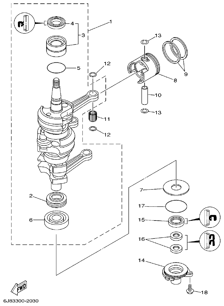 Yamaha 30DEO, 30DMHO, 30DETO CRANKSHAFT & PISTON parts diagram