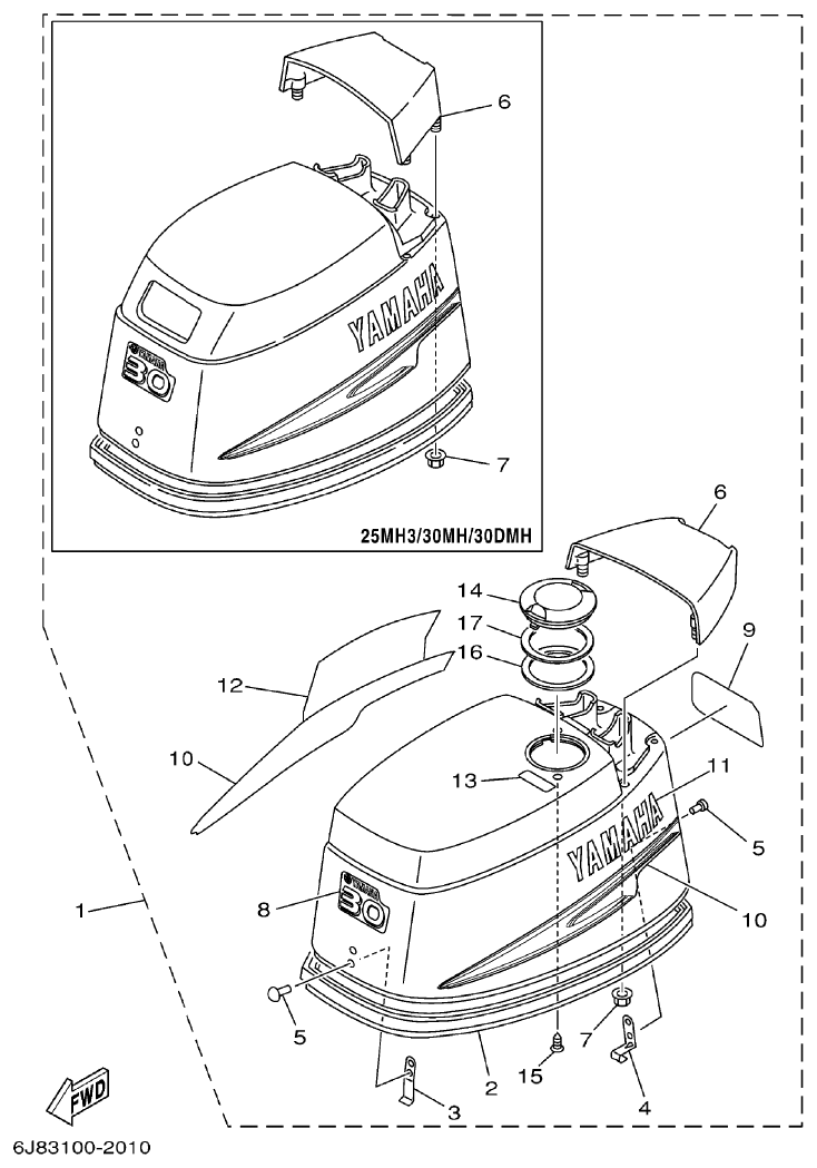 Yamaha 30DETO TOP COWLING parts diagram