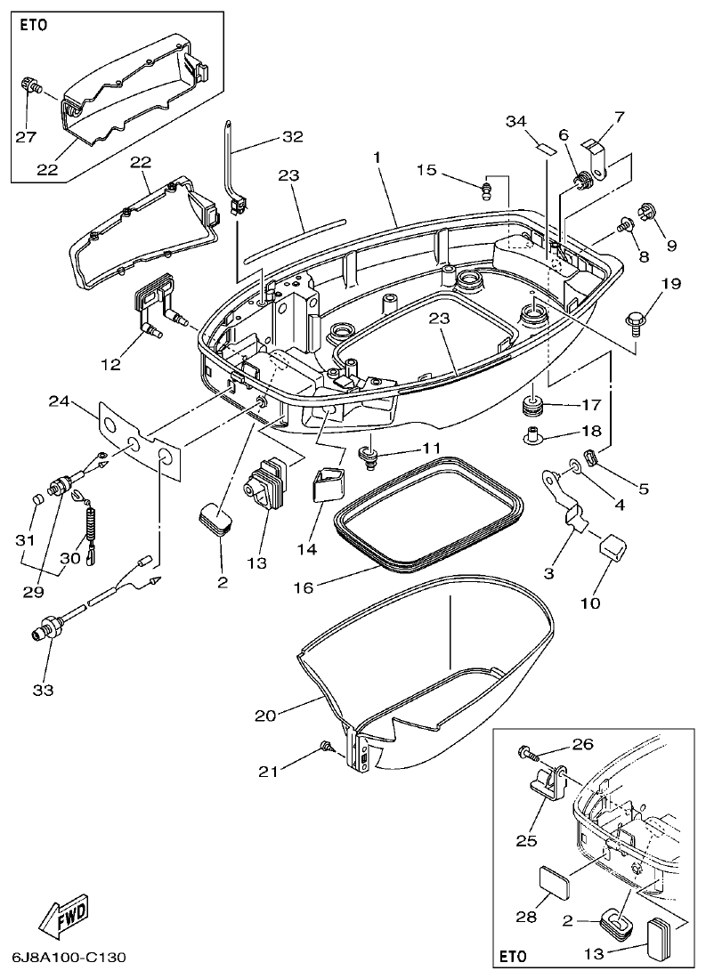 Yamaha 30DMH, 30DETO BOTTOM COWLING parts diagram