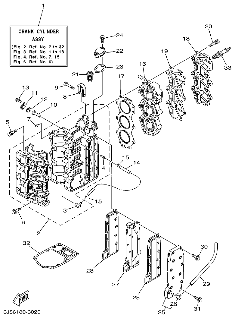 Yamaha 30DMH, 30DETO CYLINDER & CRANKCASE parts diagram