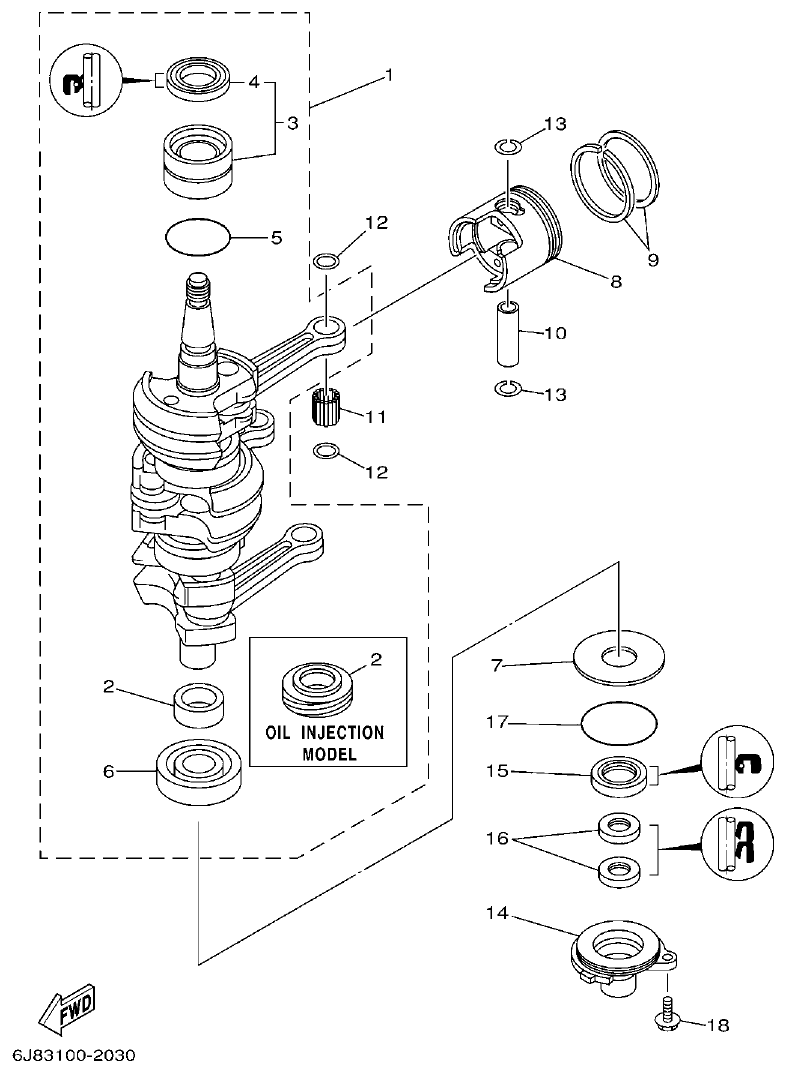 Yamaha 30DMH, 30DETO CRANKSHAFT & PISTON parts diagram