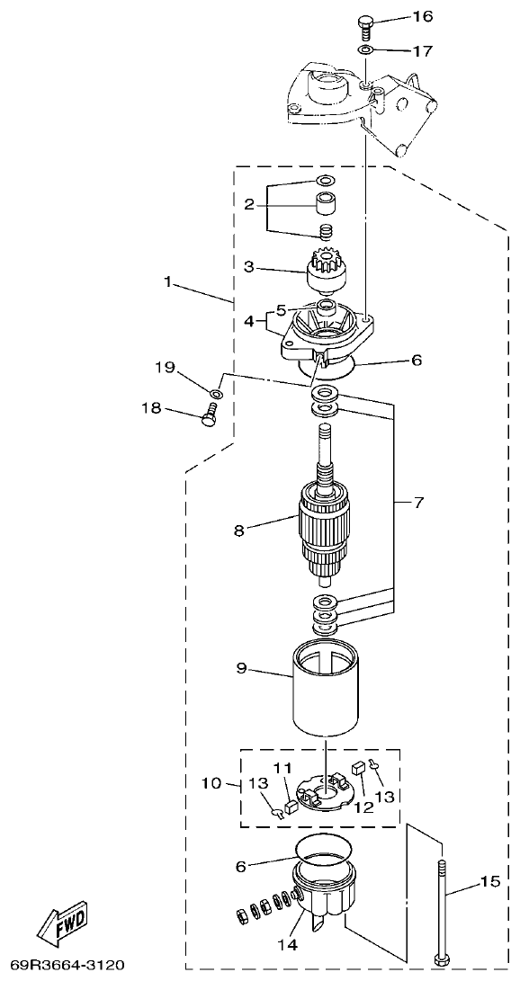 Yamaha 25B, 25X, 30H STARTING MOTOR parts diagram