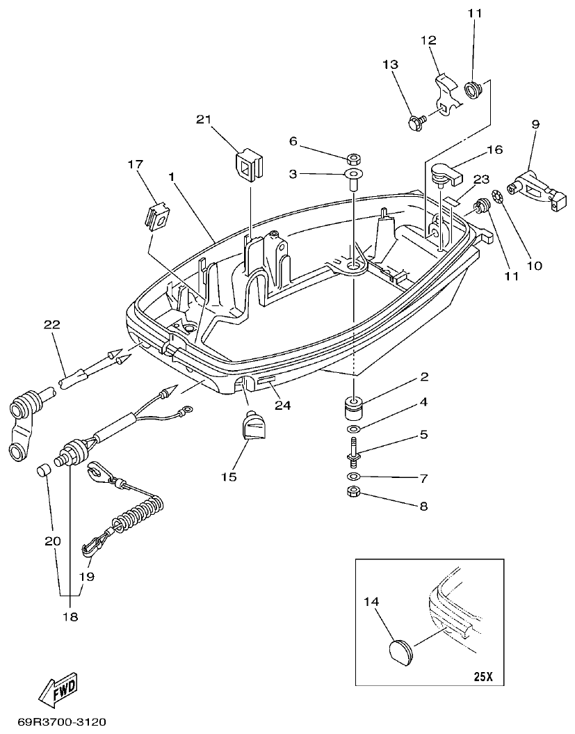 Yamaha 25B, 25X, 30H BOTTOM COWLING parts diagram