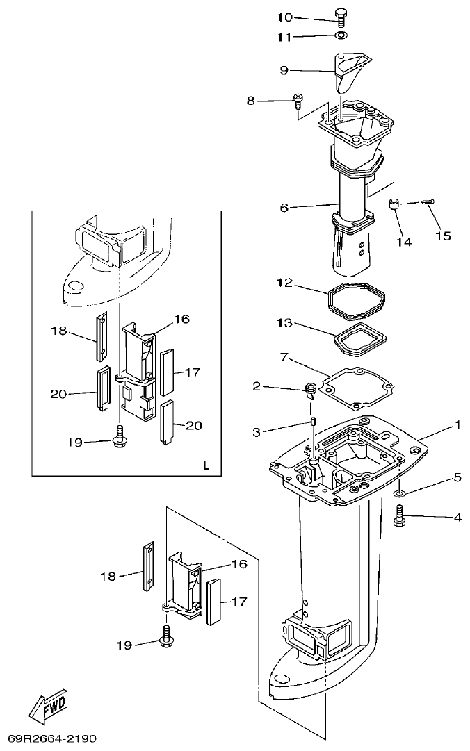 Yamaha 25B, 25X, 30H UPPER CASING parts diagram