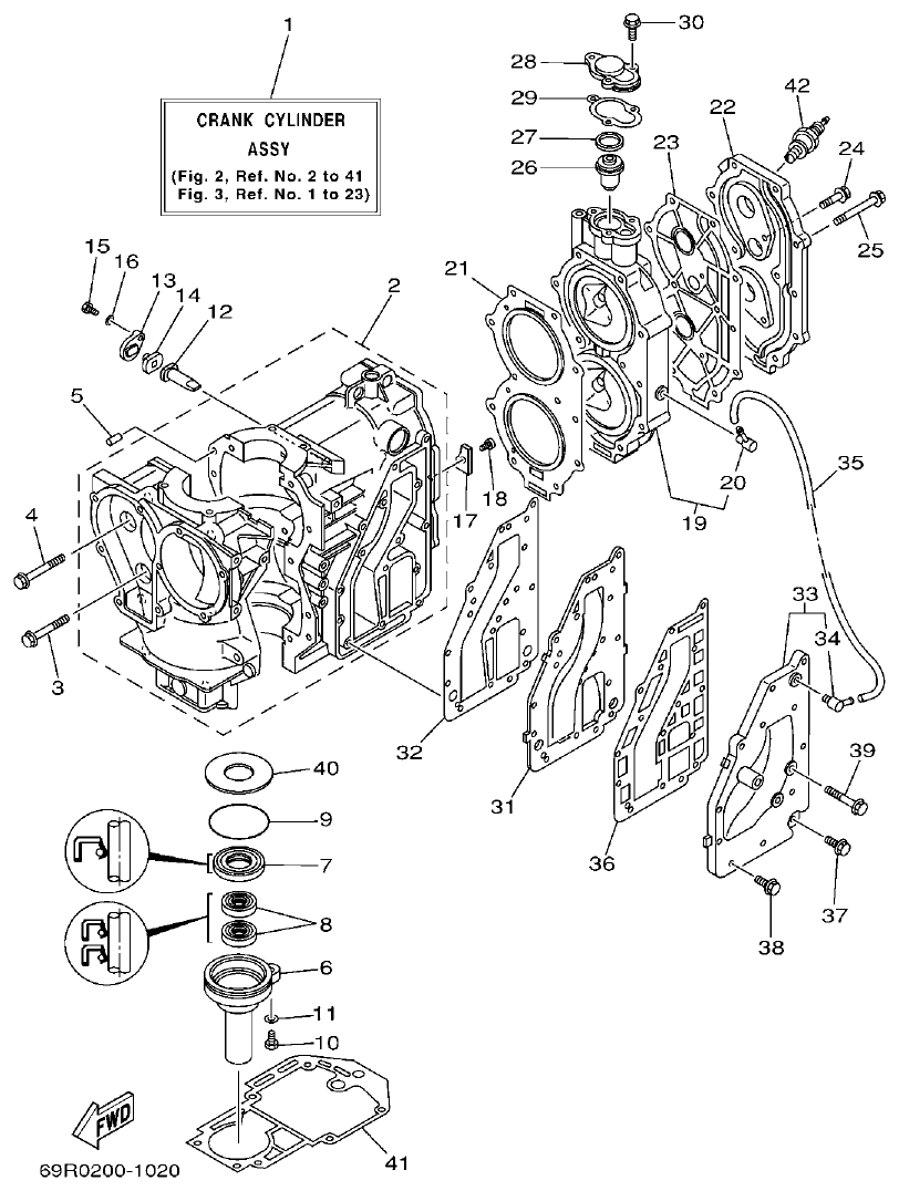 Yamaha 25B, 25X, 30H CYLINDER & CRANKCASE parts diagram