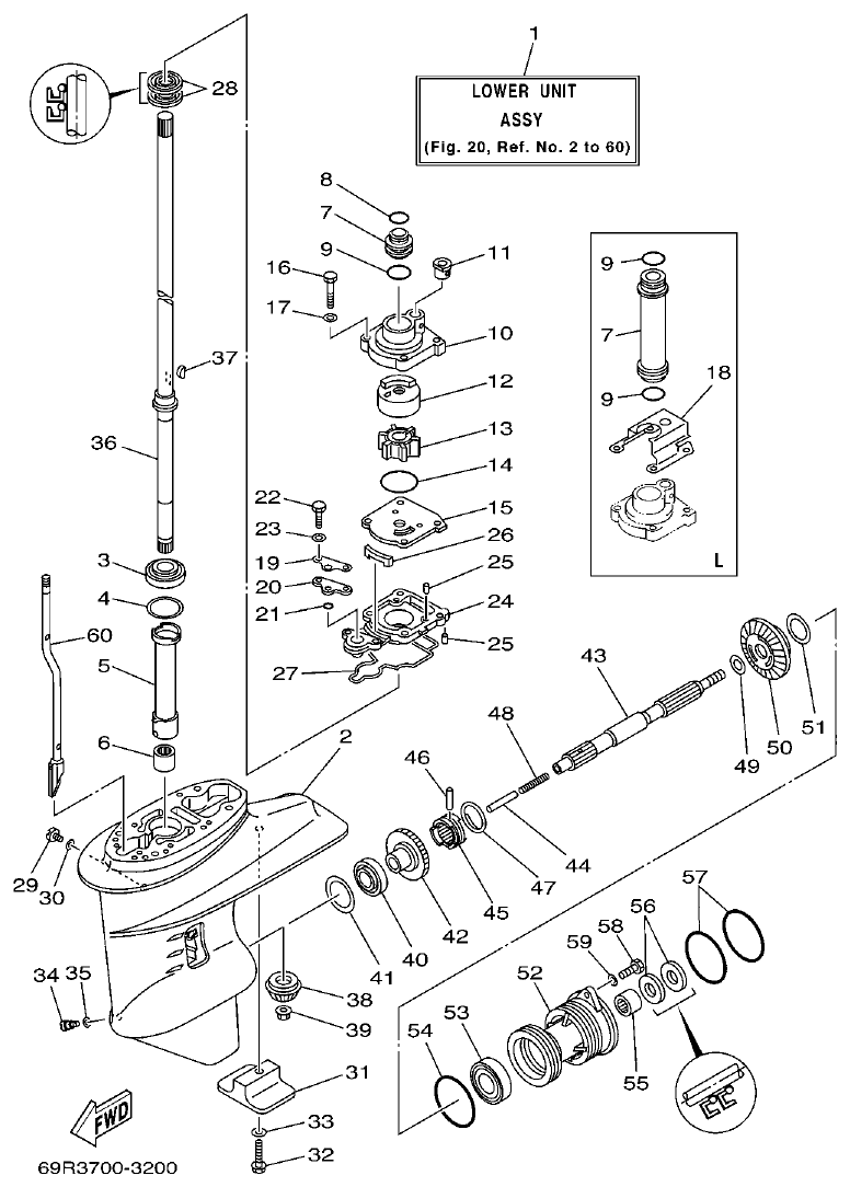 Yamaha 25B, 25X, 30H LOWER CASING & DRIVE 1 parts diagram
