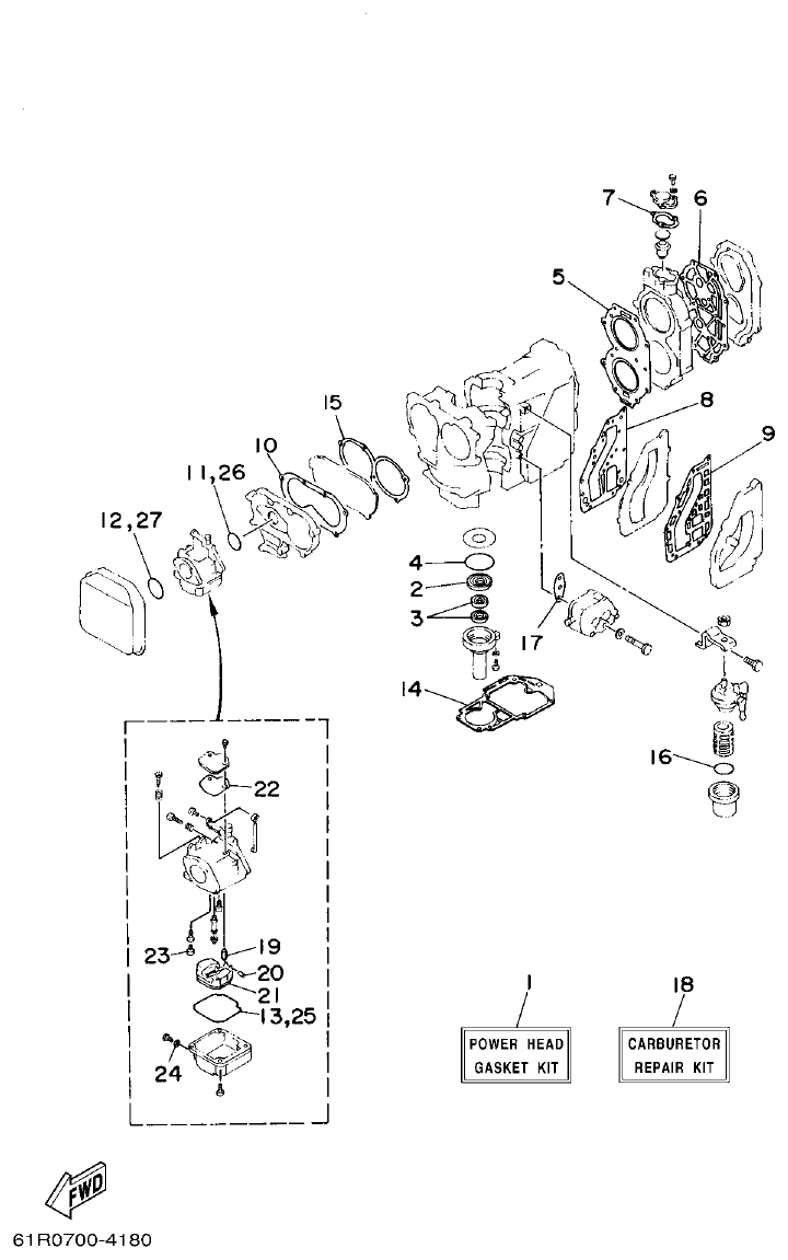 Yamaha 25B, 25X, 30H REPAIR KIT 1 parts diagram