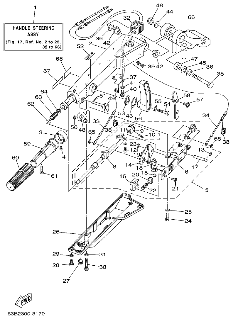 Yamaha 40VMHO, 40VEO, 40YETO, 40YMHO STEERING parts diagram