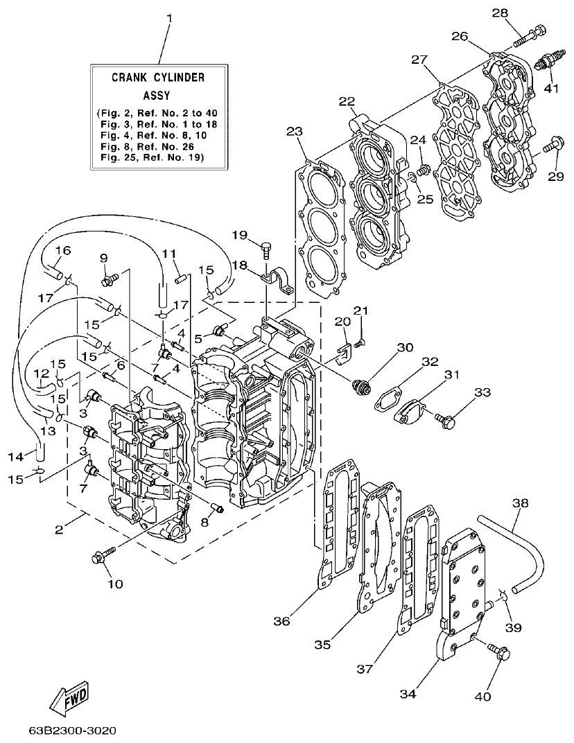 Yamaha 40VMHO, 40VEO, 40YETO, 40YMHO CYLINDER & CRANKCASE parts diagram