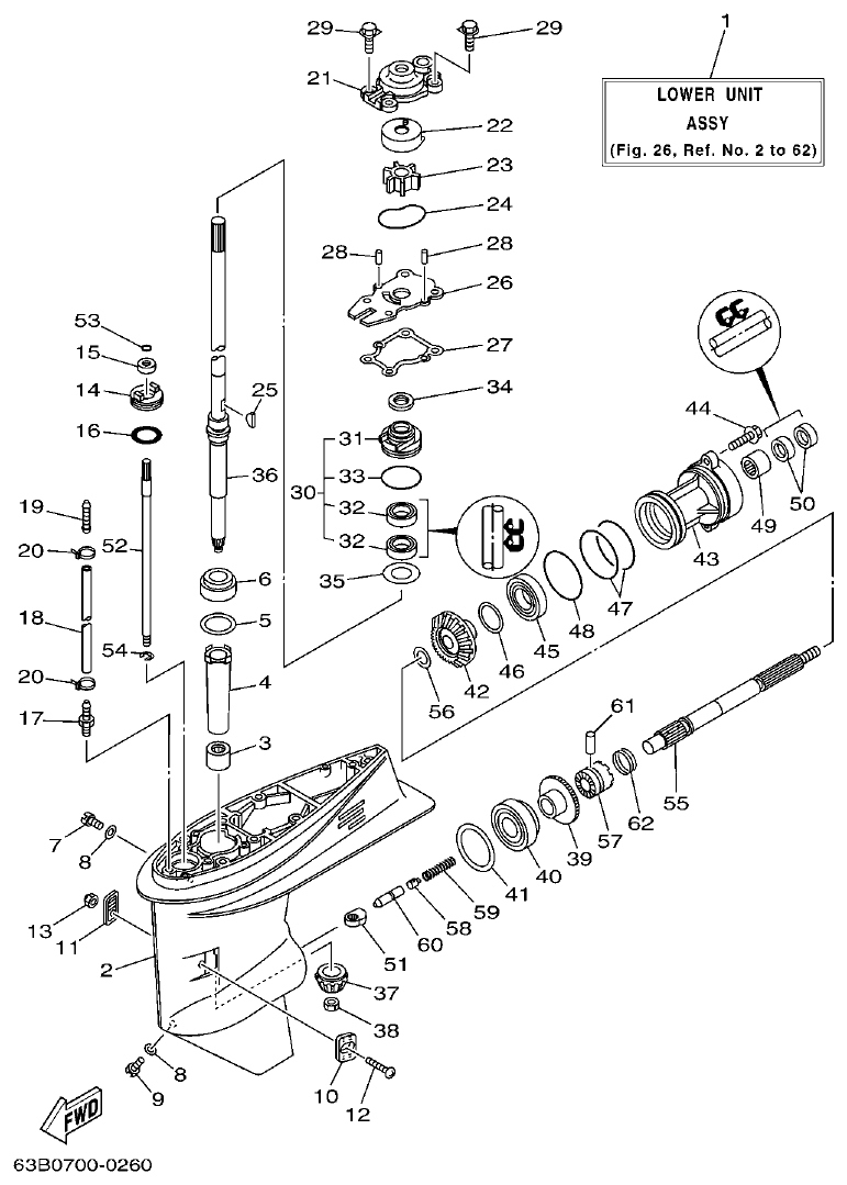 Yamaha 40VMHO, 40VEO, 40YETO, 40YMHO LOWER CASING & DRIVE 1 parts diagram