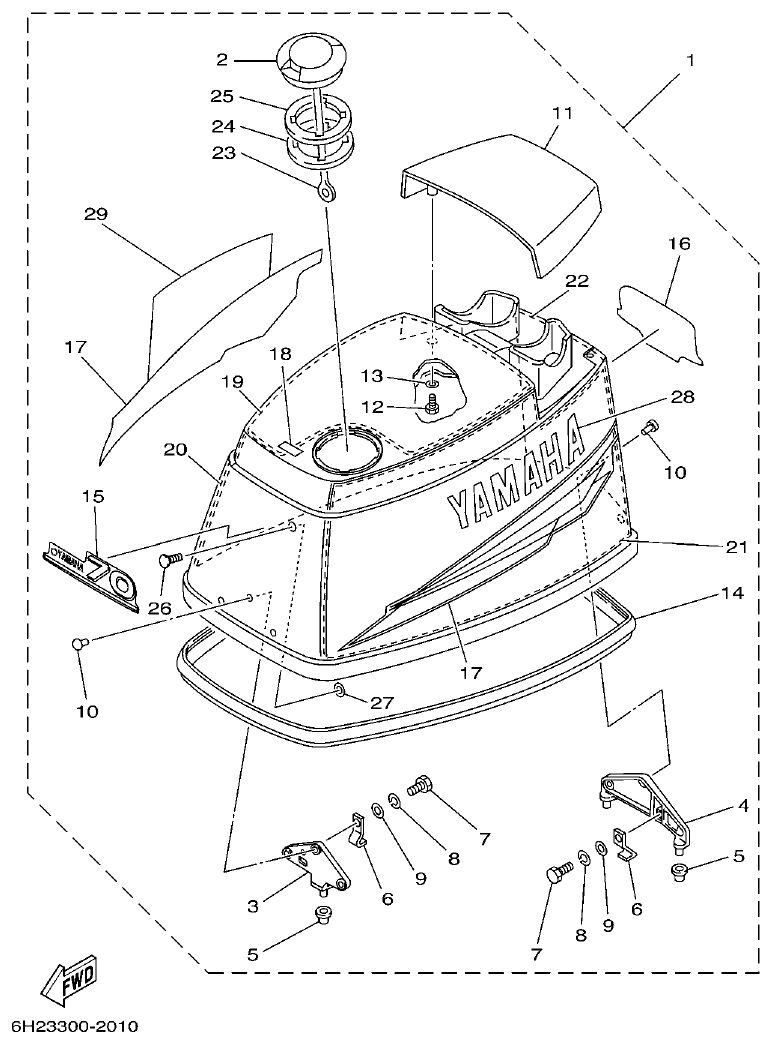 Yamaha 50GETO, 60FETO, 70BETO TOP COWLING parts diagram