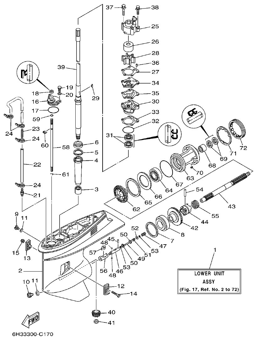 Yamaha 50GETO, 60FETO, 70BETO LOWER CASING & DRIVE 1 parts diagram