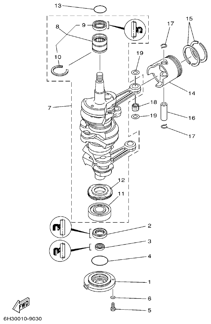 Yamaha 50GETO, 60FETO, 70BETO CRANKSHAFT & PISTON parts diagram