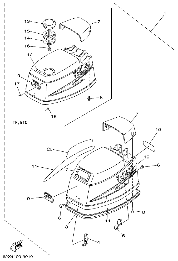 Yamaha 40V, 50H TOP COWLING parts diagram