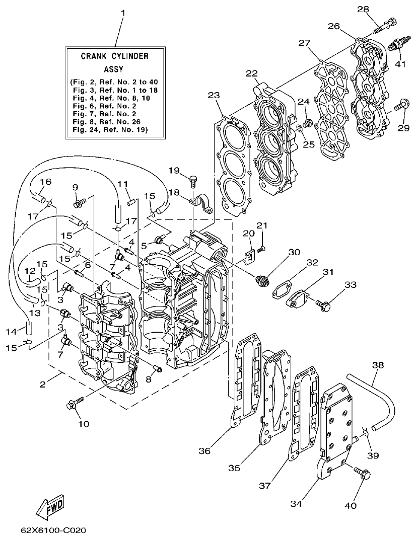 Yamaha 40V, 50H CYLINDER & CRANKCASE parts diagram