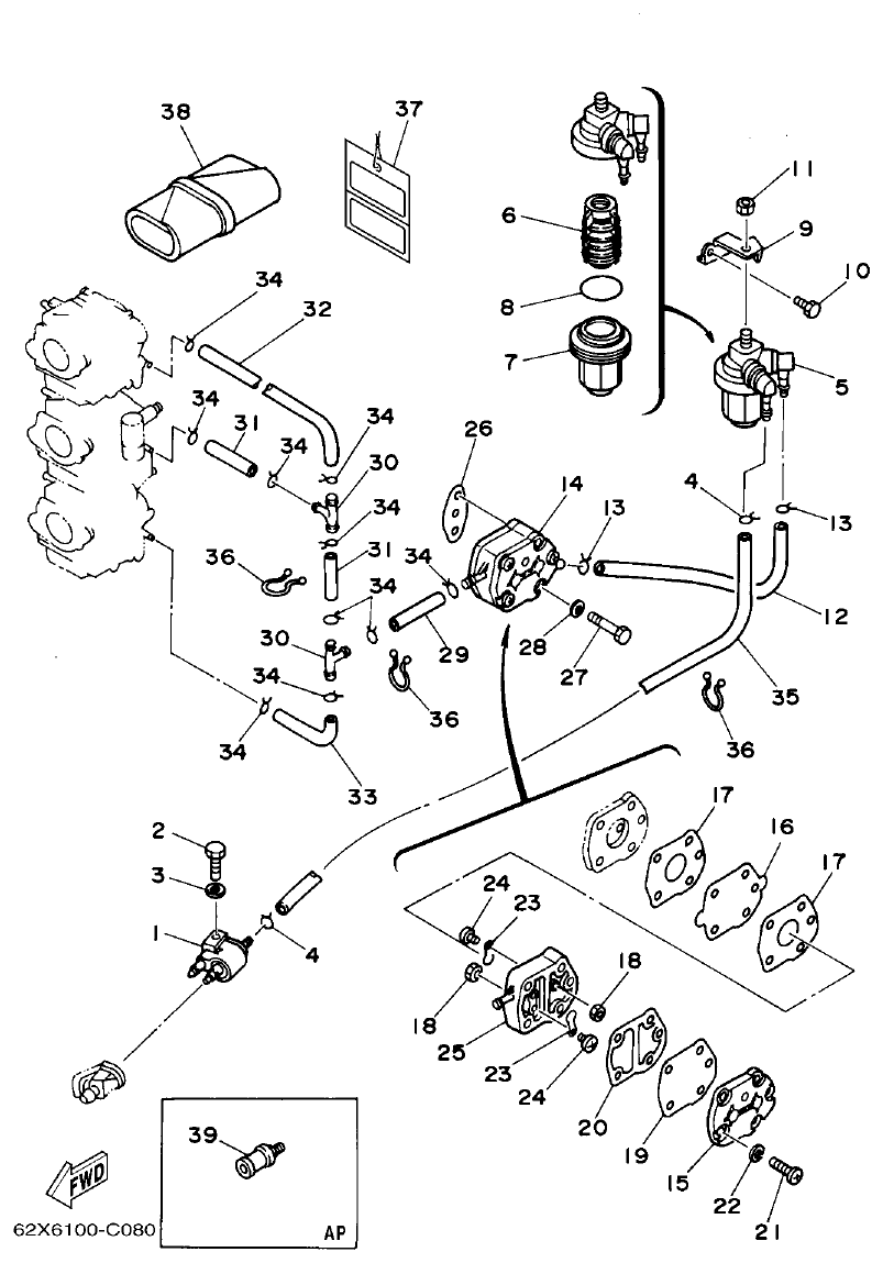 Yamaha 40V, 50H FUEL 1 parts diagram