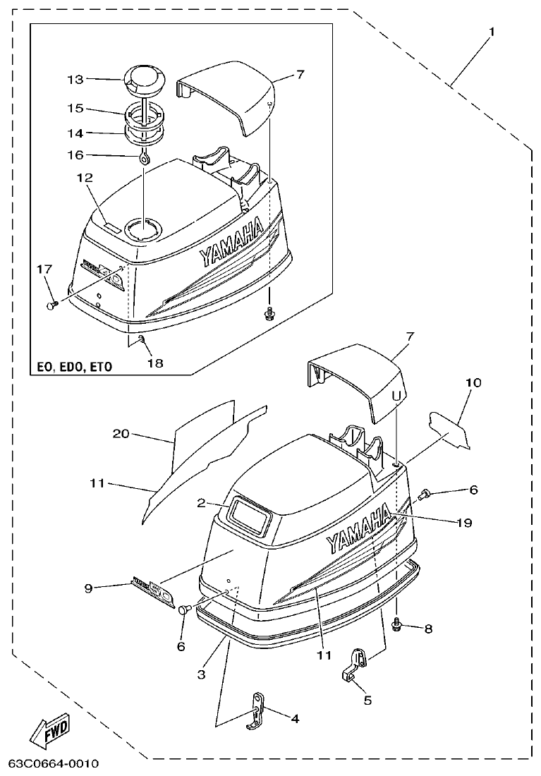 Yamaha 50HMHO TOP COWLING parts diagram