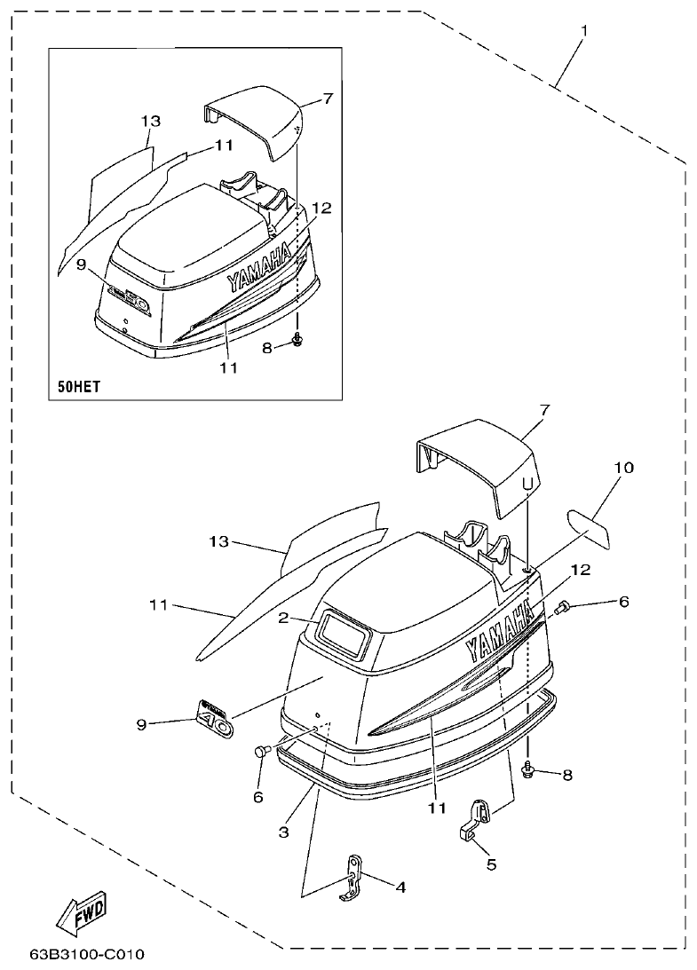 Yamaha 40VMHD, 50HMHD, 50HET TOP COWLING parts diagram
